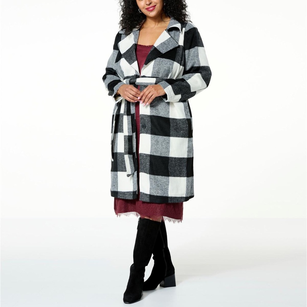 G by Giuliana Black Label Chic Plaid Black and White Plaid Trench Coat Sz 1X